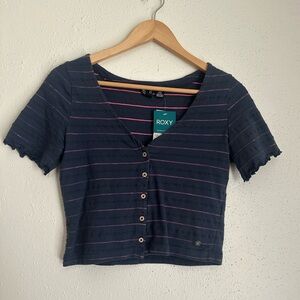 NWT Roxy Dark Blue and Pink Striped Button-Down Shirt - Medium